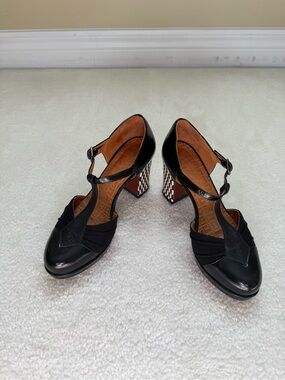 Chie Mihara T strap Platform Pumps with Patterned Heel